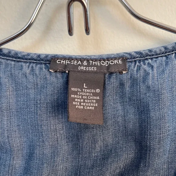 Chelsea & Theodore Size Large Blue Denim Chambray Embroidered Fringe Hem Dress - Picture 4 of 5